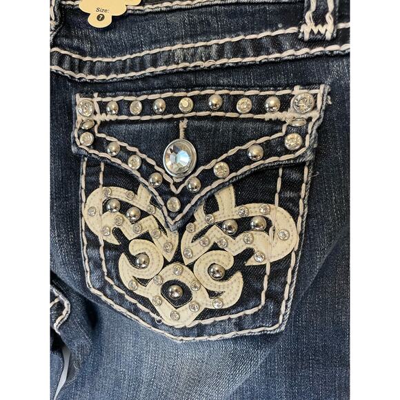 LA Idol USA Jeans Vault Denim size 7 rhinestone distressed stitching boot cut - Picture 4 of 4